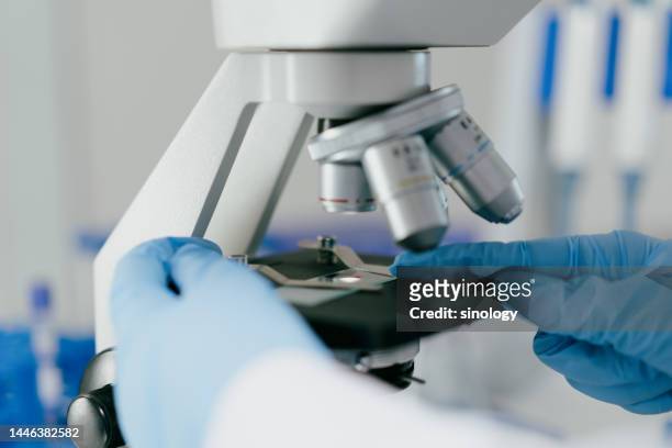 scientist is using a microscope in the laboratory - biochemistry stock pictures, royalty-free photos & images