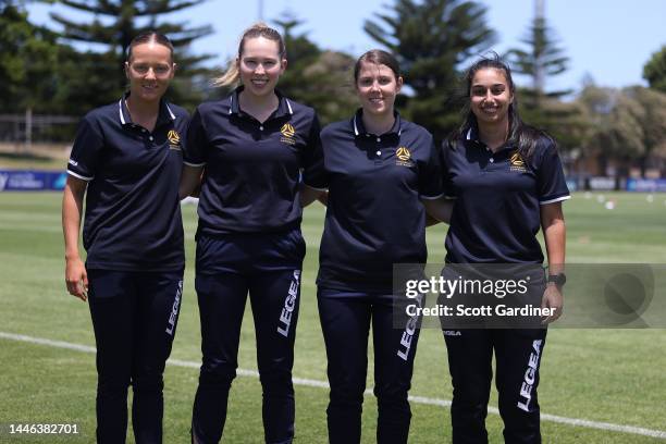 Aleague match officials Maddy Allum, Rebecca Mackie, Anastasia Filacouridis and referee Caitlin Williams priorduring the round 3 A-League Women's...