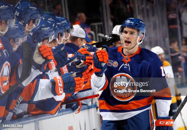 Mathew Barzal of the New York Islanders celebrates his powerplay goal against the Nashville Predators at 11:06 of the third period at the UBS Arena...