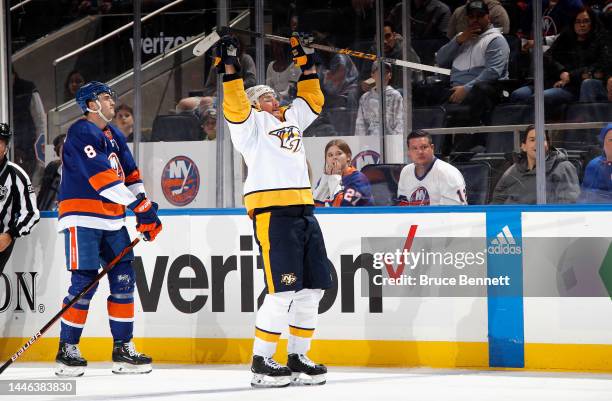 Matt Duchene of the Nashville Predators celebrates his 300th NHL goal into an empty net at 18:47 of the third period against the New York Islanders...