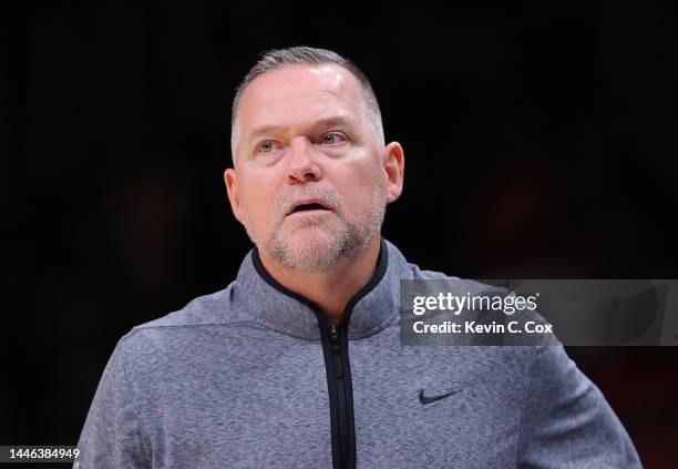 Head coach Michael Malone of the Denver Nuggets reacts against the Atlanta Hawks during the second half at State Farm Arena on December 02, 2022 in...