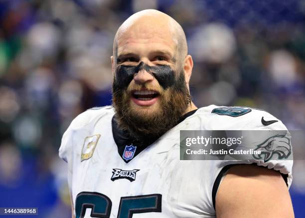 Lane Johnson of the Philadelphia Eagles walks off the field after a win over the Indianapolis Colts at Lucas Oil Stadium on November 20, 2022 in...