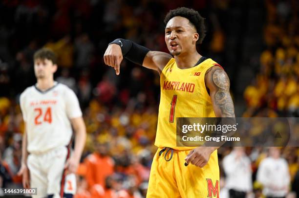Jahmir Young of the Maryland Terrapins celebrates after scoring in the second half against the Illinois Fighting Illini at Xfinity Center on December...
