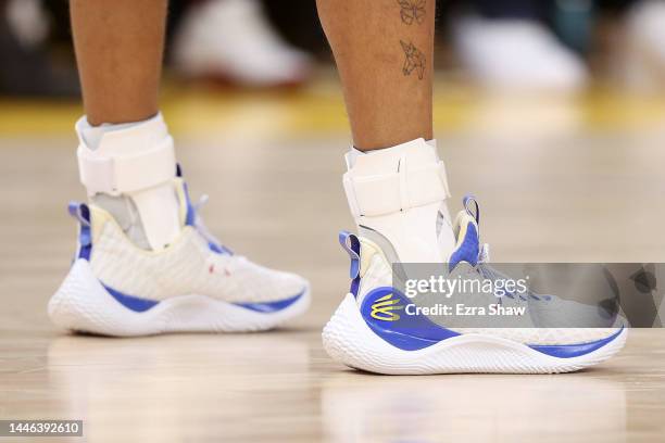 Close up of the Under Armour sneakers worn by Stephen Curry of the Golden State Warriors during their game against the Chicago Bulls at Chase Center...