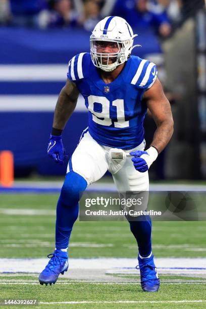 Yannick Ngakoue of the Indianapolis Colts on the field in the game against the Philadelphia Eagles at Lucas Oil Stadium on November 20, 2022 in...