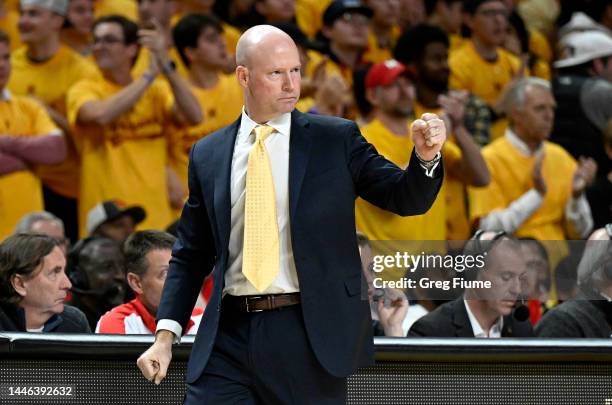 Head coach Kevin Willard of the Maryland Terrapins celebrates in the second half against the Illinois Fighting Illini at Xfinity Center on December...