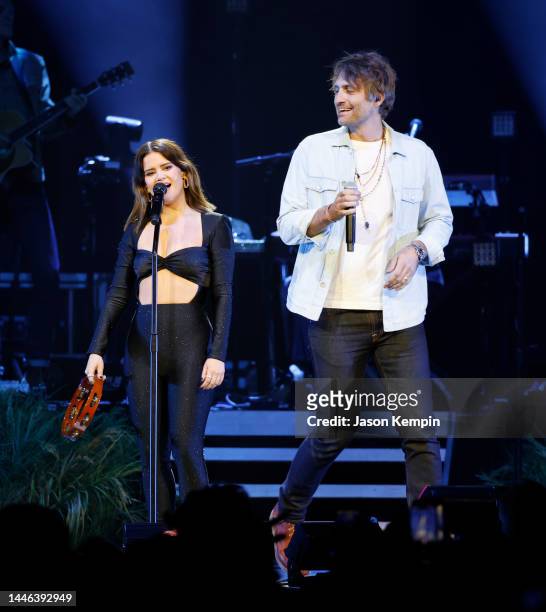 Maren Morris and Ryan Hurd perform at Bridgestone Arena on December 02, 2022 in Nashville, Tennessee.
