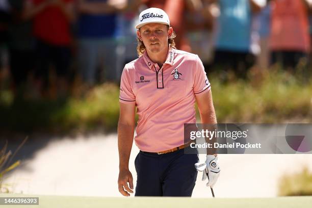Cameron Smith of Australia looks on after playing a shot from a bunker during Day 3 of the 2022 ISPS HANDA Australian Open at Victoria Golf Club on...