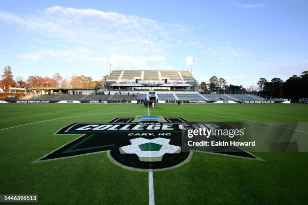 The 2022 NCAA College Cup logo is seen on the field before the semifinals round at Sahlen's Stadium at WakeMed Soccer Park on December 02, 2022 in...