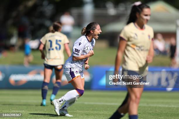 Rylee Baisden of the Glory celebrates a goal during the round 3 A-League Women's match between Newcastle Jets and Perth Glory at No. 2 Sports Ground,...