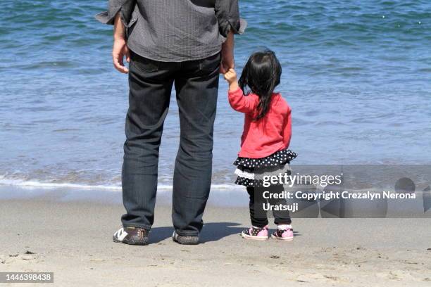 family at the beach. father and child holding hands. looking to the sea,rear view - レギンス　 ストックフォトと画像