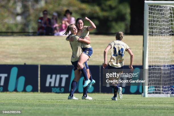 The Jets celebrate the goal of Lauren Allan during the round 3 A-League Women's match between Newcastle Jets and Perth Glory at No. 2 Sports Ground,...