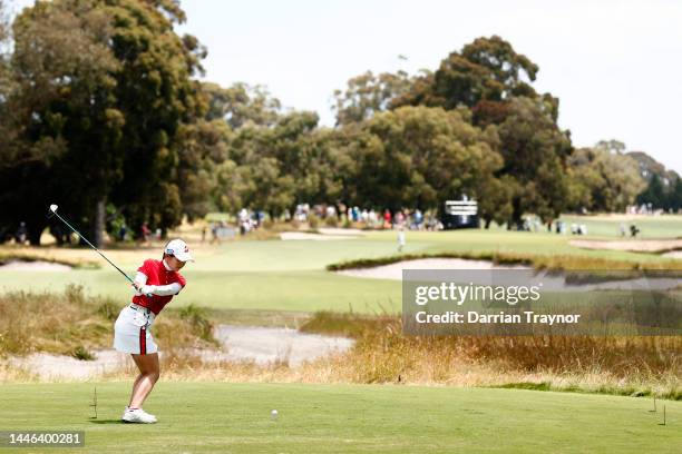 Yuri Yoshida plays her tee shot on the 2nd hole during Day 3 of the 2022 ISPS HANDA Australian Open at Victoria Golf Club December 03, 2022 in...
