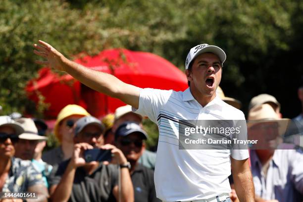 David Micheluzzi calls out after playing his tee shot on the 6th hole during Day 3 of the 2022 ISPS HANDA Australian Open at Victoria Golf Club...