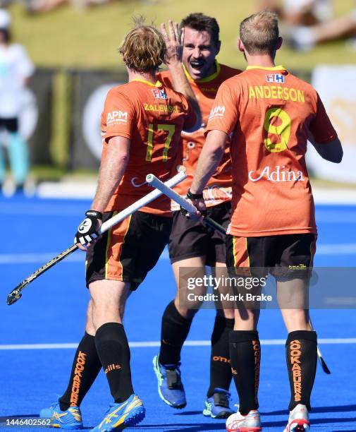 Jeremy Hayward of the Kookaburras celebrates scoring his teams first goal during game 4 of the International Hockey Test Series between Australia and...