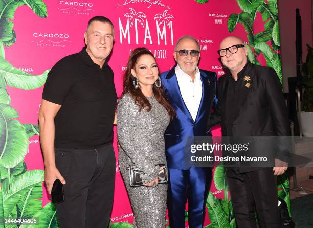 Stefano Gabbana, Gloria Estefan, Emilio Estefan and Domenico Dolce attend Emilio and Gloria Estefan host Dolce & Gabbana party at Cardozo Hotel on...