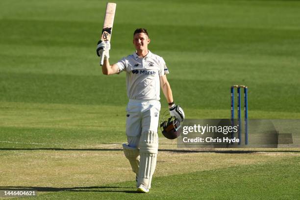Cameron Bancroft of Western Australia celebrates his century during the Sheffield Shield match between Queensland and Western Australia at The Gabba,...