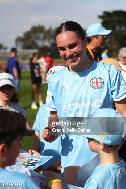 Emma Checker of Melbourne City meets supporters during the round three A-League Women's match between Melbourne City and Brisbane Roar at Casey...