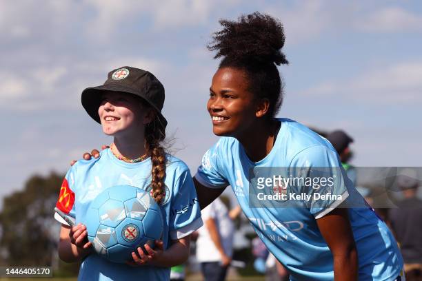 Naomi Chinnama of Melbourne City meets supporters during the round three A-League Women's match between Melbourne City and Brisbane Roar at Casey...