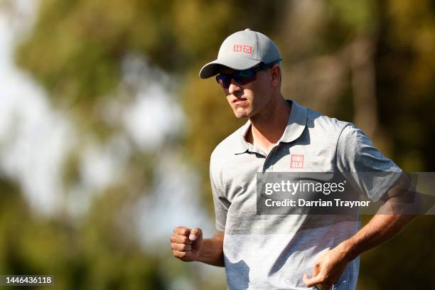 Adam Scott acknowledges the fans on the 15th hole during Day 3 of the 2022 ISPS HANDA Australian Open at Victoria Golf Club December 03, 2022 in...