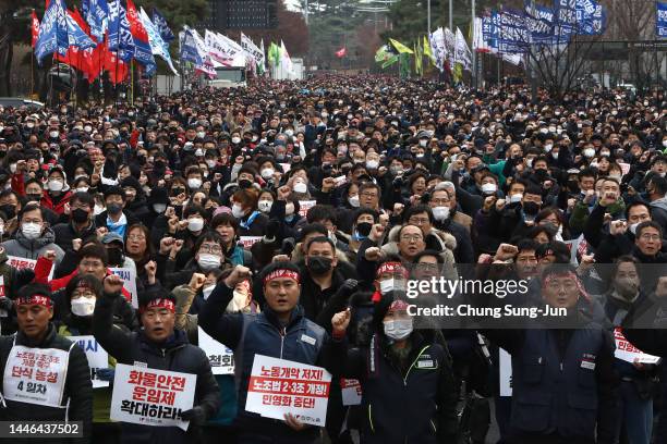 Labour union members from the Korean Confederation of Trade Unions participate in a rally in front of national assembly on December 03, 2022 in...