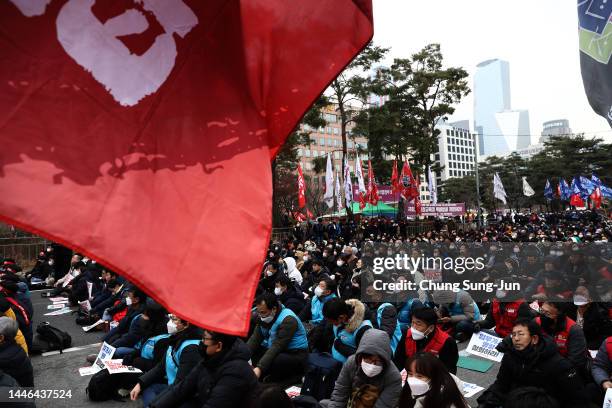 Labour union members from the Korean Confederation of Trade Unions participate in a rally in front of national assembly on December 03, 2022 in...