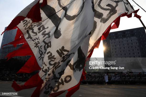 Labour union members from the Korean Confederation of Trade Unions participate in a rally in front of national assembly on December 03, 2022 in...