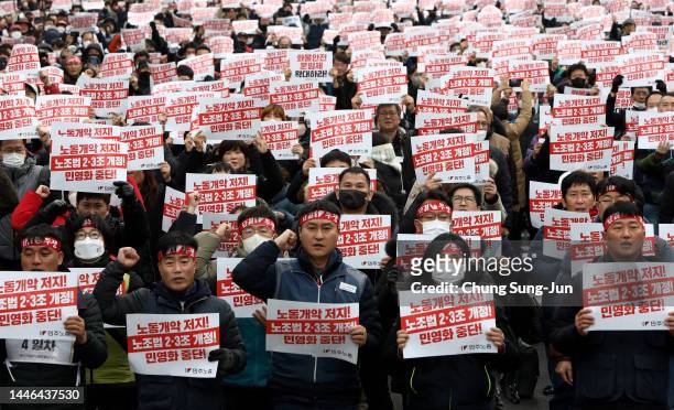 Labour union members from the Korean Confederation of Trade Unions participate in a rally in front of national assembly on December 03, 2022 in...