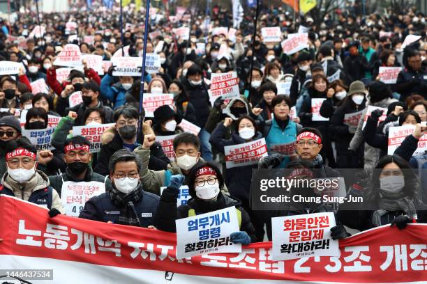 Labour union members from the Korean Confederation of Trade Unions participate in a rally in front of national assembly on December 03, 2022 in...