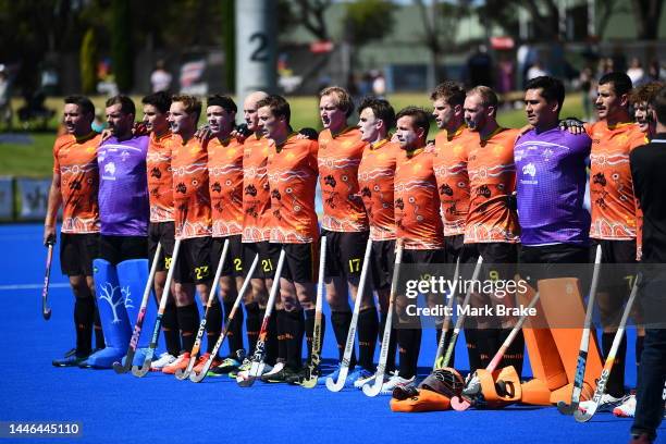 Kookaburras stand for their national anthem during game 4 of the International Hockey Test Series between Australia and India at MATE Stadium on...