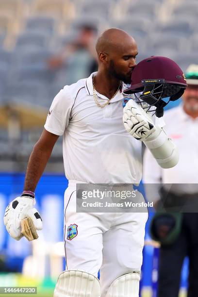 Kraigg Brathwaite of the West Indies celebrates his century during day four of the First Test match between Australia and the West Indies at Optus...