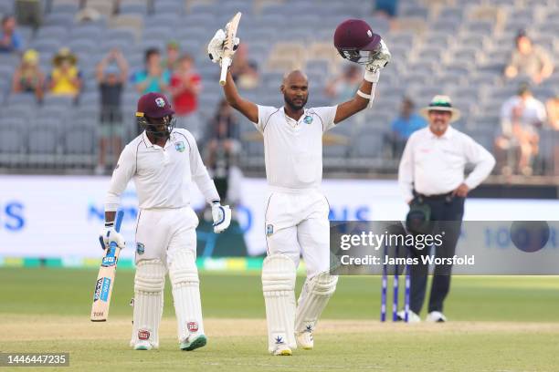 Kraigg Brathwaite of the West Indies celebrates his century during day four of the First Test match between Australia and the West Indies at Optus...