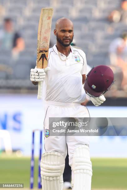 Kraigg Brathwaite of the West Indies celebrates his century during day four of the First Test match between Australia and the West Indies at Optus...