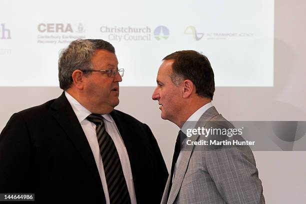 New Zealand Prime Minister John Key and Canterbury Earthquake Recovery Minister Gerry Brownlee at pre-budget announcement on May 17, 2012 in...