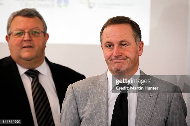 New Zealand Prime Minister John Key and Canterbury Earthquake Recovery Minister Gerry Brownlee at pre-budget announcement on May 17, 2012 in...