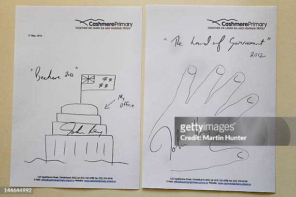 Drawings by New Zealand Prime Minister John Key during a visit to Cashmere Primary School on May 17, 2012 in Christchurch, New Zealand. Prime...