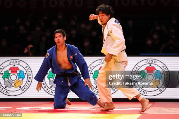 Kenya Kohara of Japan reacts after defeating Takanori Nagase of Japan in the Men’s - 81kg final on day one of the Judo Grand Slam at Tokyo...