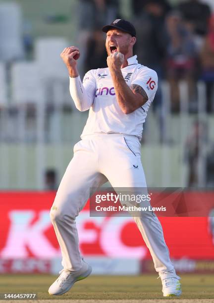 Ben Stokes of England celebrates catching Mohammad Rizwan of Pakistan off the bowling of James Anderson of England during the First Test Match...