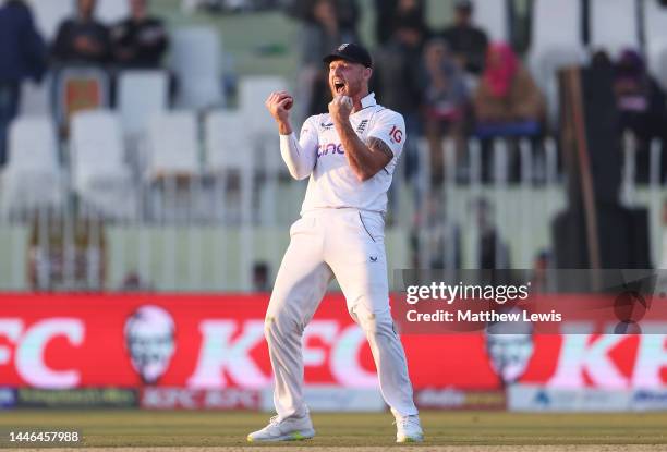 Ben Stokes of England celebrates catching Mohammad Rizwan of Pakistan off the bowling of James Anderson of England during the First Test Match...