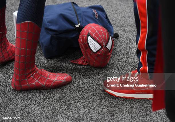 Spider-Man cosplay mask is seen at 2022 Los Angeles Comic Con at Los Angeles Convention Center on December 02, 2022 in Los Angeles, California.