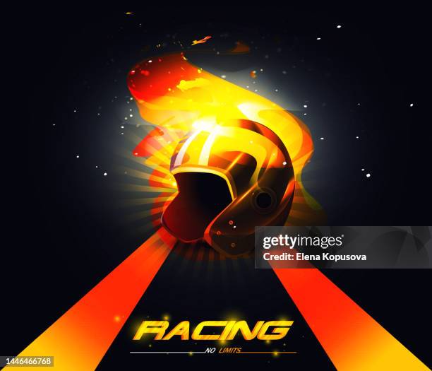 the concept of movement speed and victory in a realistic style. burning sports helmet of the racer on the background of the race track with text. - dirt road stock illustrations