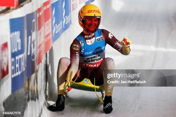 Julia Taubitz of Germany reacts after crossing the finish line of the women's single race during the FIL Luge World Cup at Olympia-Eiskanal Igls on...