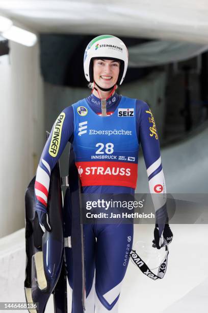 Madeleine Egle of Austria reacts after crossing the finish line of the women's single race during the FIL Luge World Cup at Olympia-Eiskanal Igls on...