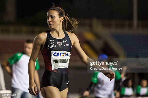 Brazilian athlete Maurren Maggi celebrates after winning the women Long Jump with 6,85 meters as part of the Caixa/São Paulo International Gran Prix...