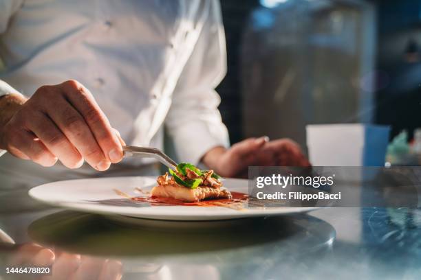 a chef is finishing the preparation of the plate - chic dineren stockfoto's en -beelden