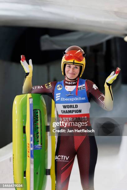 Julia Taubitz of Germany reacts after crossing the finish line of the women's single race during the FIL Luge World Cup at Olympia-Eiskanal Igls on...