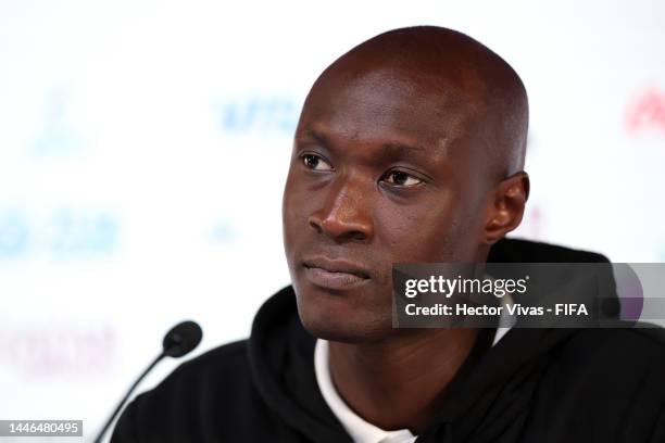 Alfred Gomis of Senegal speaks during Senegal press conference on match day -1 at Main Media Center on December 03, 2022 in Doha, Qatar.