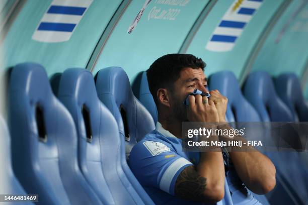 Luis Suarez of Uruguay reacts after the FIFA World Cup Qatar 2022 Group H match between Ghana and Uruguay at Al Janoub Stadium on December 02, 2022...