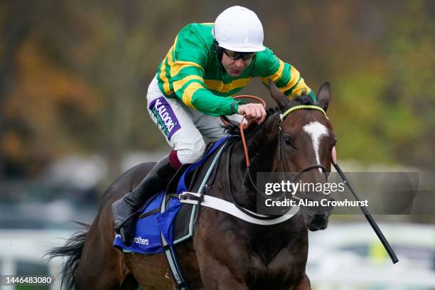 Aidan Coleman riding Jonbon clear the last to win The Close Brothers Henry VIII Novices' Chase at Sandown Park Racecourse on December 03, 2022 in...