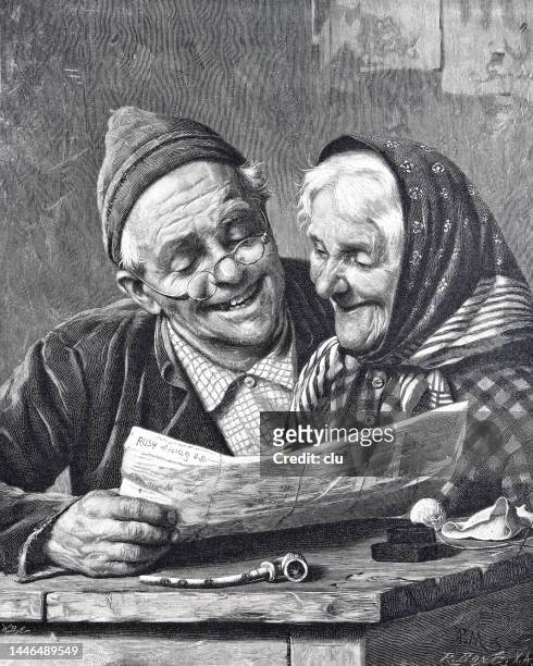 elderly couple sitting at the table and reading the newspaper, laughing - headscarf stock illustrations
